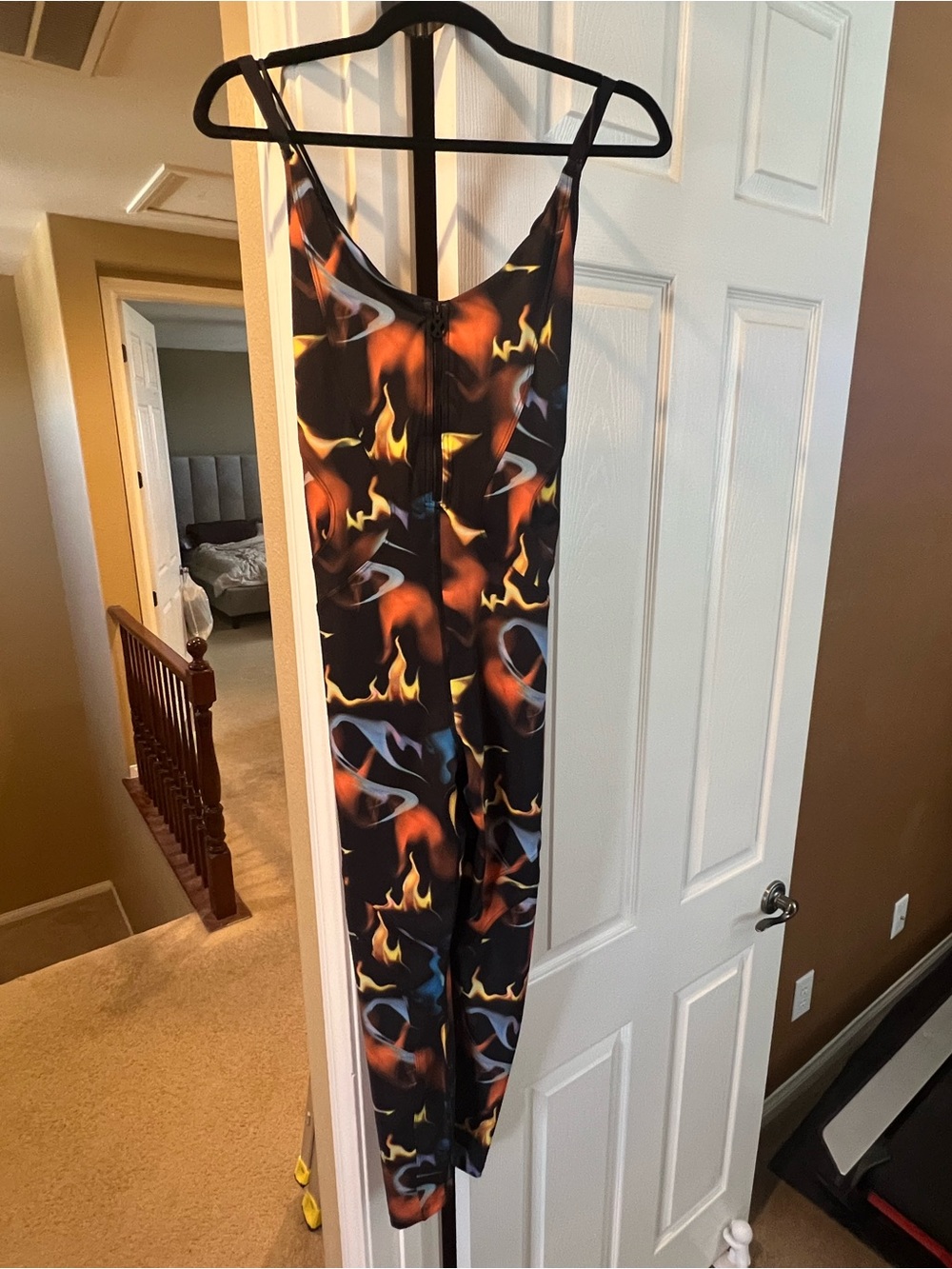 Savage X Fenty Black Flame-Print Slim Jumpsuit with Orange and Yellow Accents